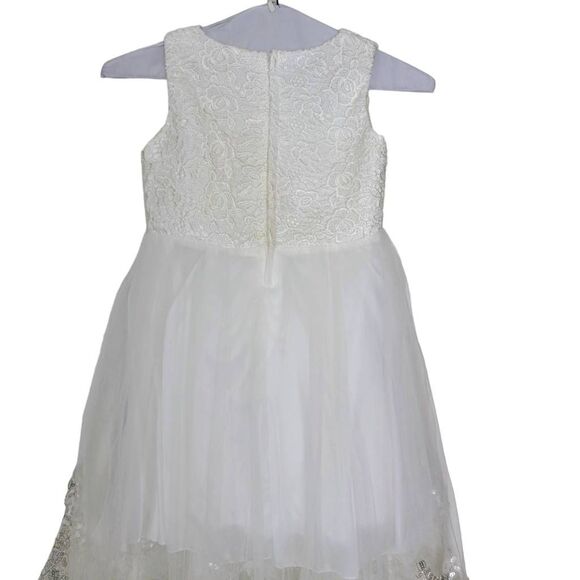 Flower Girl White Hi Lo Silver Sequined Flower Waist Long Train Wedding Dress - Picture 7 of 9